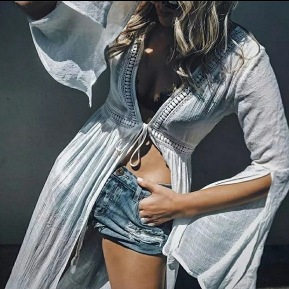 SOLD Duster crochet trim tie cardigan bell sleeves - Picture 2 of 6